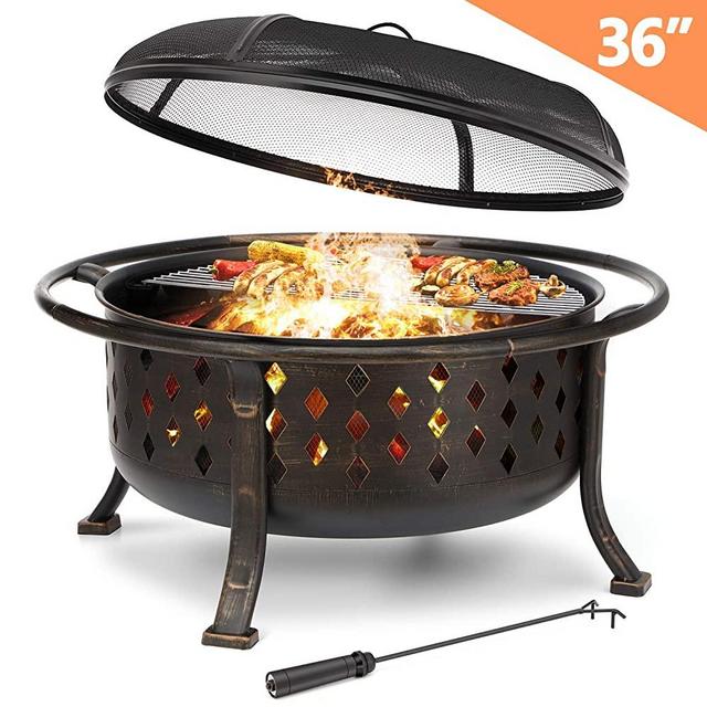 KINGSO 36" Fire Pit Outdoor Large Steel Wood Burning Fire Pits Bowl BBQ Grill Firepit for Outside with Spark Screen Cooking Grid Poker for Backyard Garden Camping Bonfire Patio, Oil Rubbed Bronze