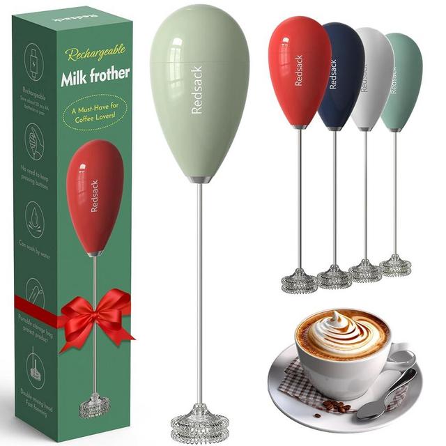 Redsack Handheld USB Rechargeable Milk Frother, Milk Foamer Maker With Wall Mounted Stand Waterproof, Fine Small Portable Coffee Drink Mixer Wand, Automatic Mini Electric Matcha Whisk (Olive Green)