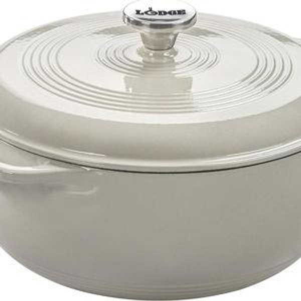 Lodge 6 Quart Enameled Cast Iron Dutch Oven with Lid – Dual Handles, Oven Safe up to 500°F, Stovetop Compatible – Marinate, Cook, Bake, Refrigerate & Serve – Oyster White
