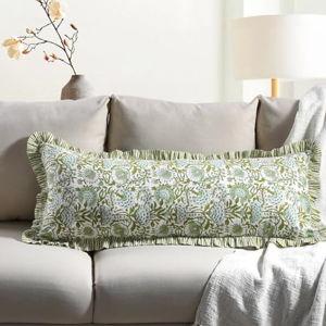 CPC Agate Green 100% Cotton Block Print Ruffle Sham Cover 14x36 inch, Handmade Boho Floral Pillowcase, Farmhouse Cottagecore Bedding, Soft Decorative Cushion Cover for Bedroom Décor