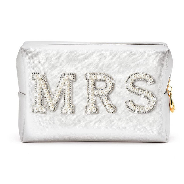 Y1tvei Bride MRS Patch Varsity Letter Cosmetic Toiletry Big Bag Pearl Rhinestone Letter Patches Large White Makeup PU Bag Waterproof Portable Zipper Purse Travel Organizer for Wedding Bride Bridesmaid