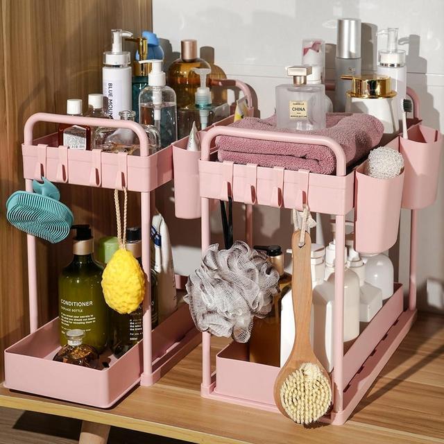 ZCHLPTZUP Under Sink Organizer, 2 Tier Sliding Bathroom Organizer Cabinet Storage with Hooks, Hanging Cups, Handles, Under Sink Storage for Kitchen Bathroom Cabinet, Pink, 2 Pack