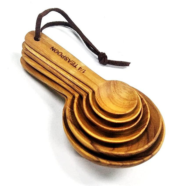 Dolphin Shop Wooden Measuring Spoons Teak Wood Set of 6 Handmade for Dry Liquid Ingredients Sugar Spice Salt Baking Coffee Tea Cooking Utensils kitchen Tools