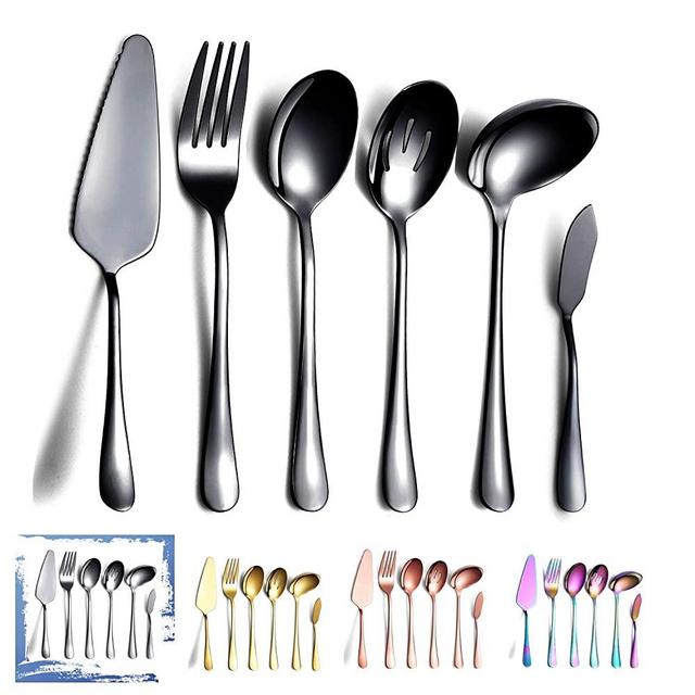 6-Piece Black Serving Flatware Silverware Set,Stainless Steel Serving Utensil Set,Include Cake Server, Slotted Serving Spoon, Serving Spoon, Cold Meat Fork, Butter Knife, Soup Ladle