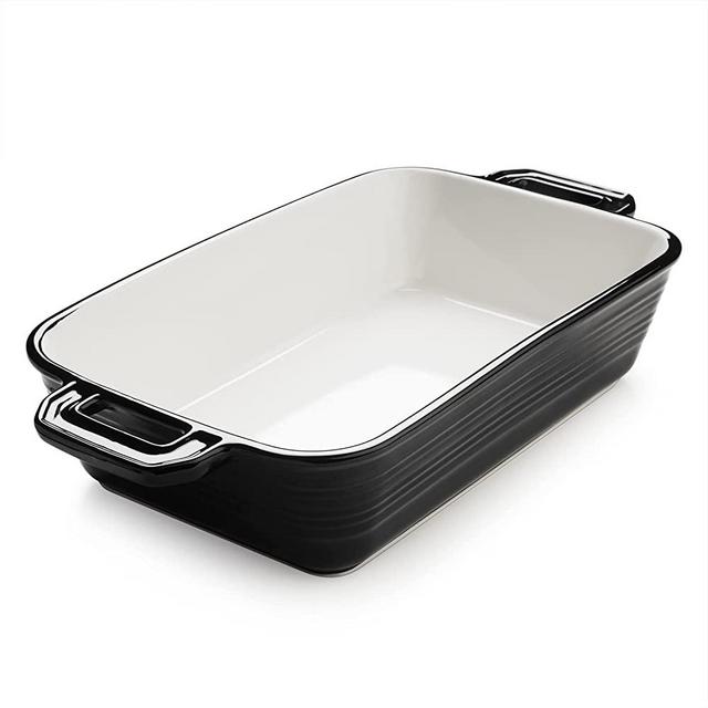 LIFVER Baking Dish with Handles, Black Ceramic Lasagna Baking Dishes for Oven, Deep Casserole Dish, Rectangular Baking Pan for Cooking, Cake, Banquet and Dinner, Baking Gifts, 11.2 X 7.2 Inch
