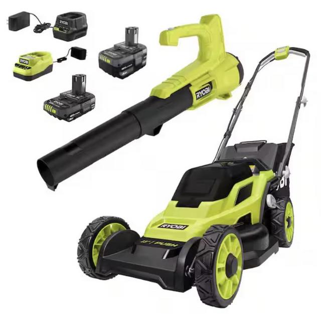 Cordless Battery Walk Behind Push Lawn Mower and 250 CFM Blower with (2) Batteries and (2) Chargers