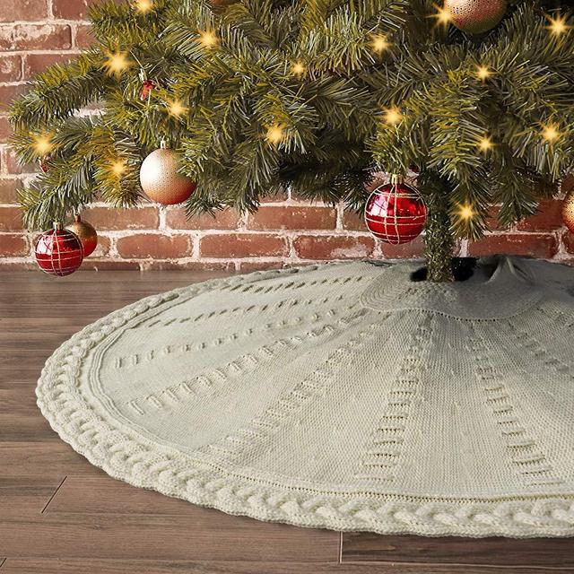 LimBridge Christmas Tree Skirt, 48 inches Cable Knit Knitted Thick Rustic Xmas Holiday Decoration, Cream
