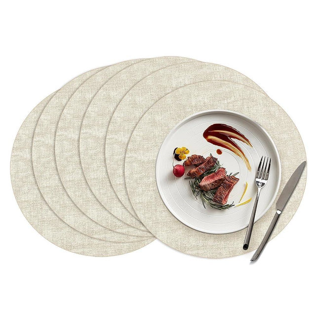 Round Placemats Set of 6, 15 Inch Faux Leather Place mats, Washable Wipeable Non Slip, Heat Resistant Waterproof Vinyl Table Mats for Dining Table, Kitchen, Party, Beige