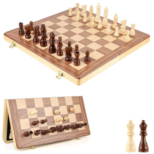 RERIVER 15 Inch Magnetic Wooden Chess Game Set Classic Folding Board Games with Felted Game Board Interior for Storage 2 Extra Queens Pieces Storage Slots