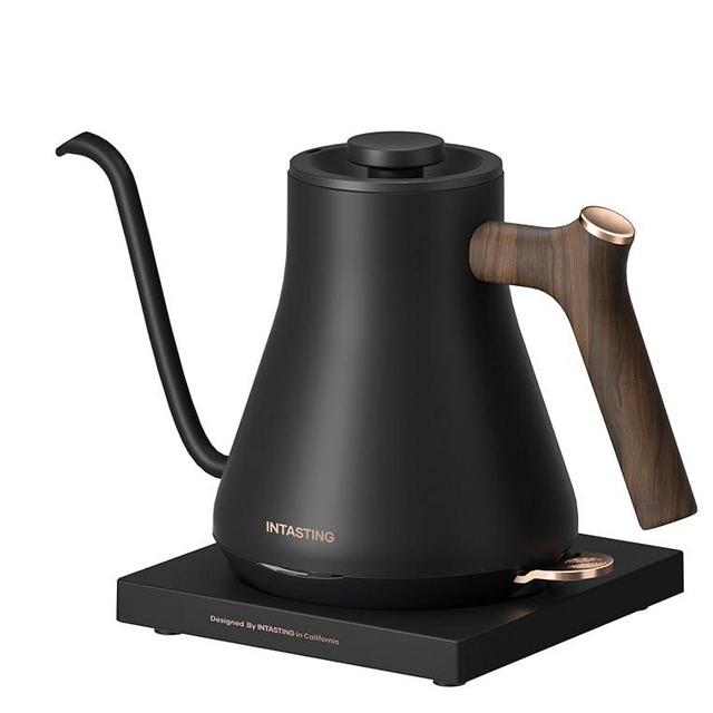 Gooseneck Electric Kettle INTASTING Fast Boiling Hot Water Kettle Pour-over Coffee & Tea 100% Stainless Steel Tea Kettle for Boiling Water Matte Black 0.9L Auto Shut-Off Boil Dry Protection Kettle, Black Wooden