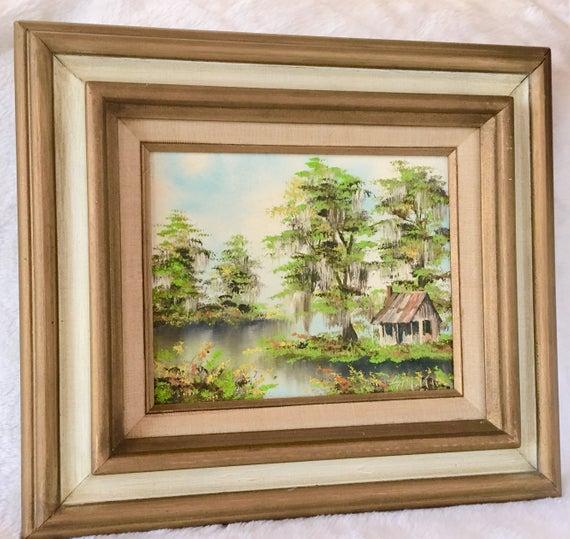 Vintage Framed Painting Ready to Hang Gold and Green Country Forest Cabin Lake House Blue Sky Golden Painted Picture Frame Mid-Century