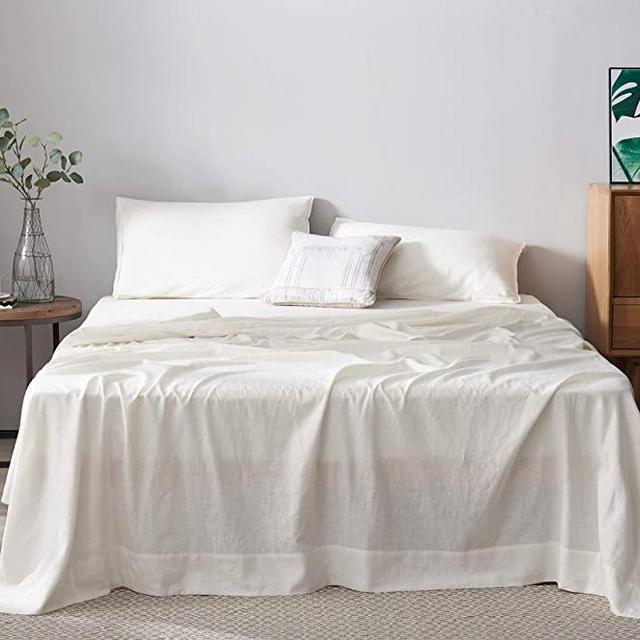 DAPU 55% French Linen 45% Long-Staple Cotton Sheets Set (Off White/Linen Cotton, Queen, Flat, Fitted and 2 Pillowcases)