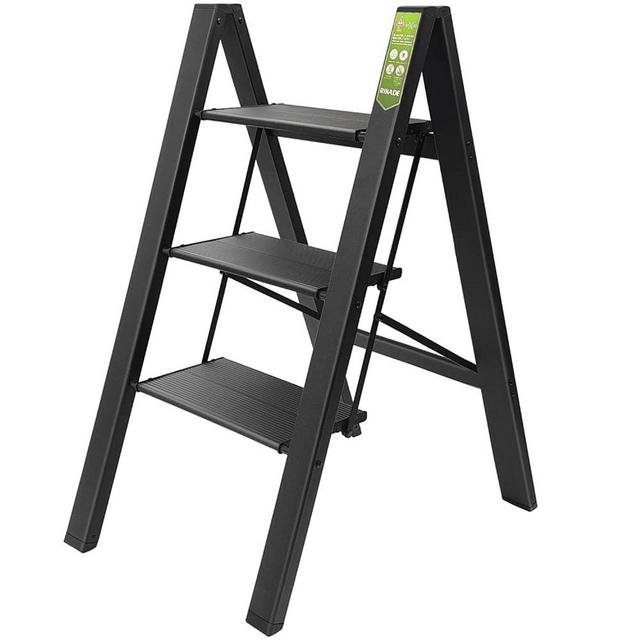 3 Step Ladder, RIKADE Folding Step Stool with Wide Anti-Slip Pedal, Aluminum Portable Lightweight Ladder for Home and Office Use, Kitchen Step Stool 330lb Capacity Black