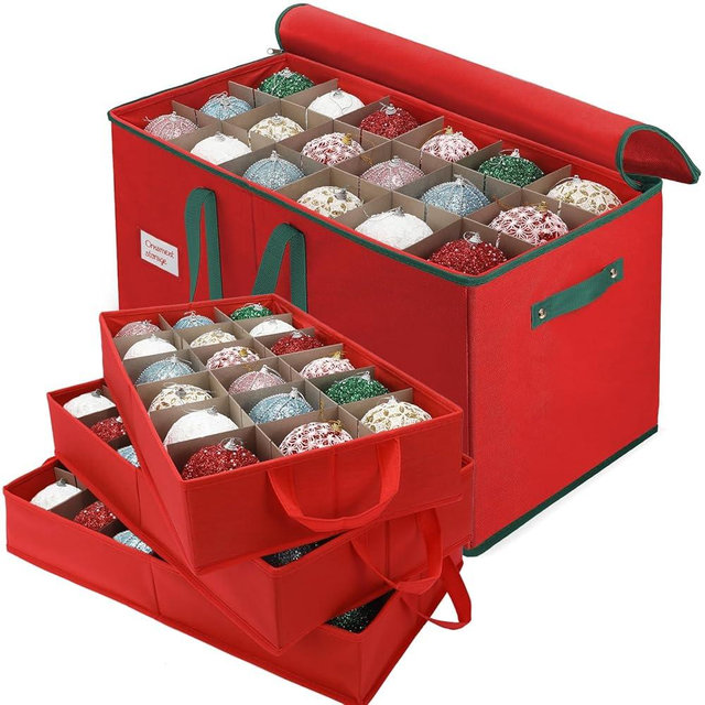 HKQ Christmas Ornament Storage Box, Stores Up to 54-4" Ornaments, 3 Individual Trays, Adjustable Dividers, 600D Oxford Fabric, Large Organizer Bin to Protect and Store Holiday Décor