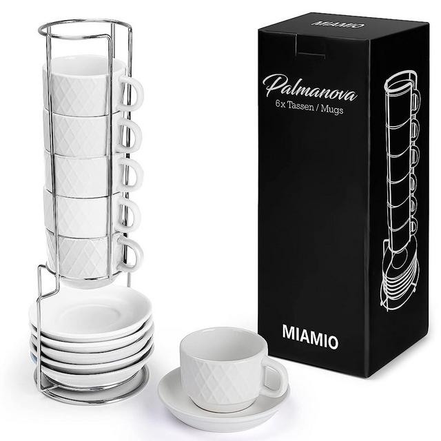 MIAMIO - 6 x 2.5 oz Stoneware Espresso Mug, Cup Set Modern with Stand and Saucers - Palmanova Collection (White)
