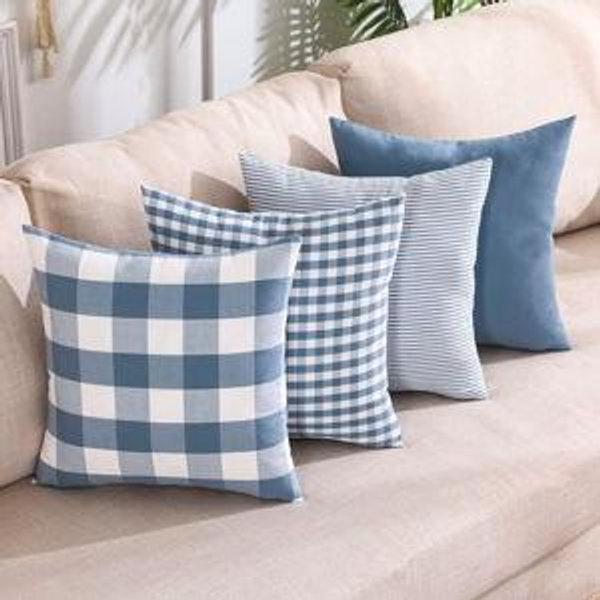 CARRIE HOME Light Blue Farmhouse Buffalo Plaid Pillow Covers 18x18 Set of 2 Patio Outdoor Decor Neutral Checkered Pillow Covers 18 x 18, Blue and White Gingham