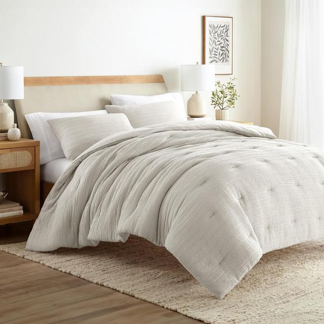 Waffle Textured Comforter Set All Season Down-Alternative Ultra Soft Bedding - Becky Cameron, Dune, Full/Queen