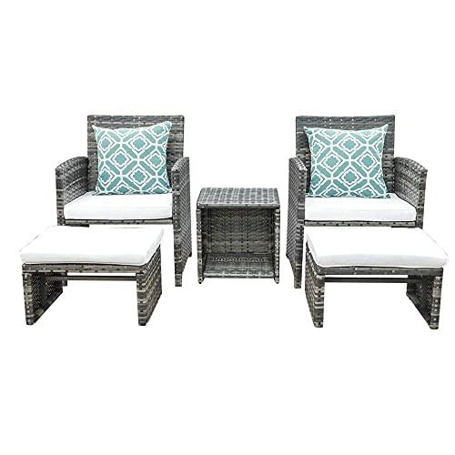 OC Orange-Casual 5 Piece Wicker Outdoor Furniture Set Rattan Bistro All Weather Conversation Set with Ottoman, Coffee Side Table, Outdoor Indoor Use Backyard Porch Garden Poolside Balcony
