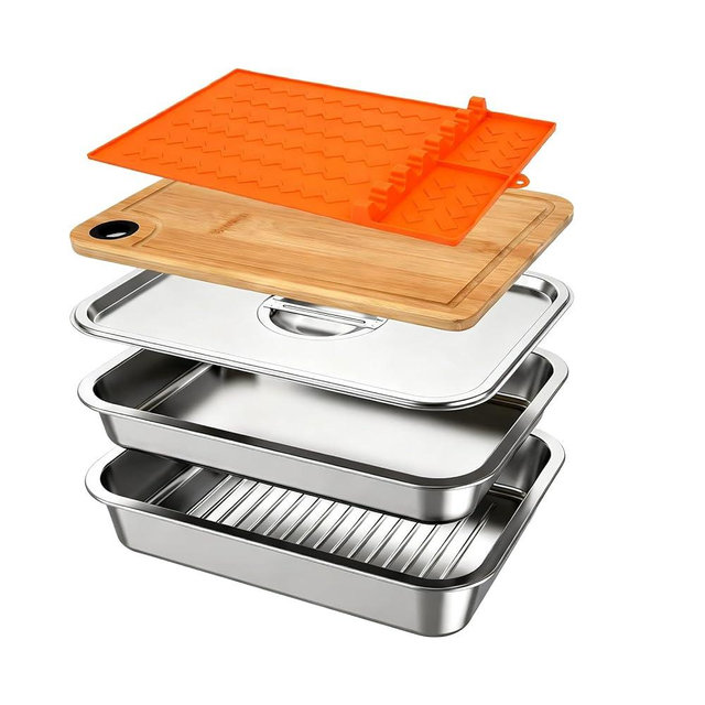 Grilling Prep and Serve Trays, Set of 5 Stackable Stainless Steel BBQ Trays with Lid & Cutting Board & Silicone Mat, Deep Marinating Container, Serving Platter for Plating Food, Large BBQ Prep Tub