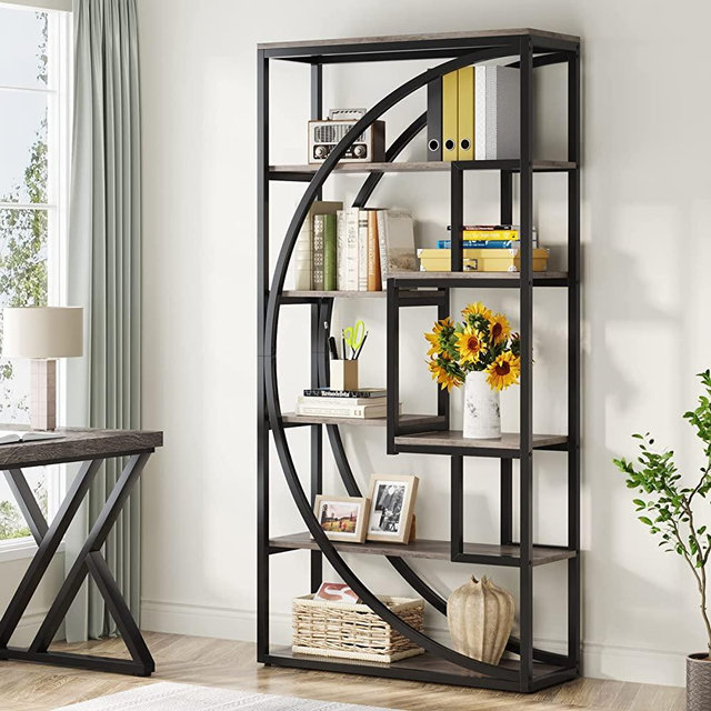 Tribesigns 6-Tier Geometric Bookcase, 70.8 inch Tall Bookshelf with 8 Open Storage Shelf, Industrial Book Shelf Display Tack Shelving Unit for Home Office Living Room, Vintage Grey/Black