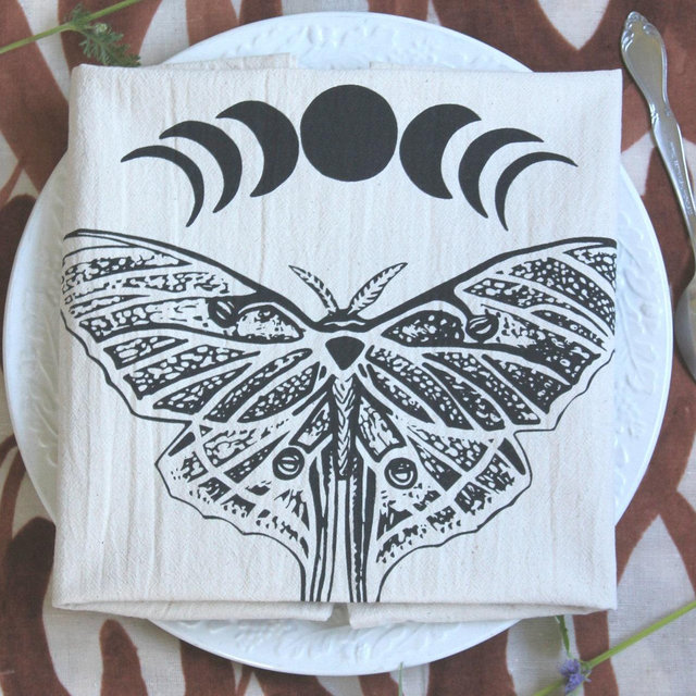 Luna Moth Tea Towel Organic Cotton Navy Blue Phases of Moon Dishcloth Butterfly Kitchen