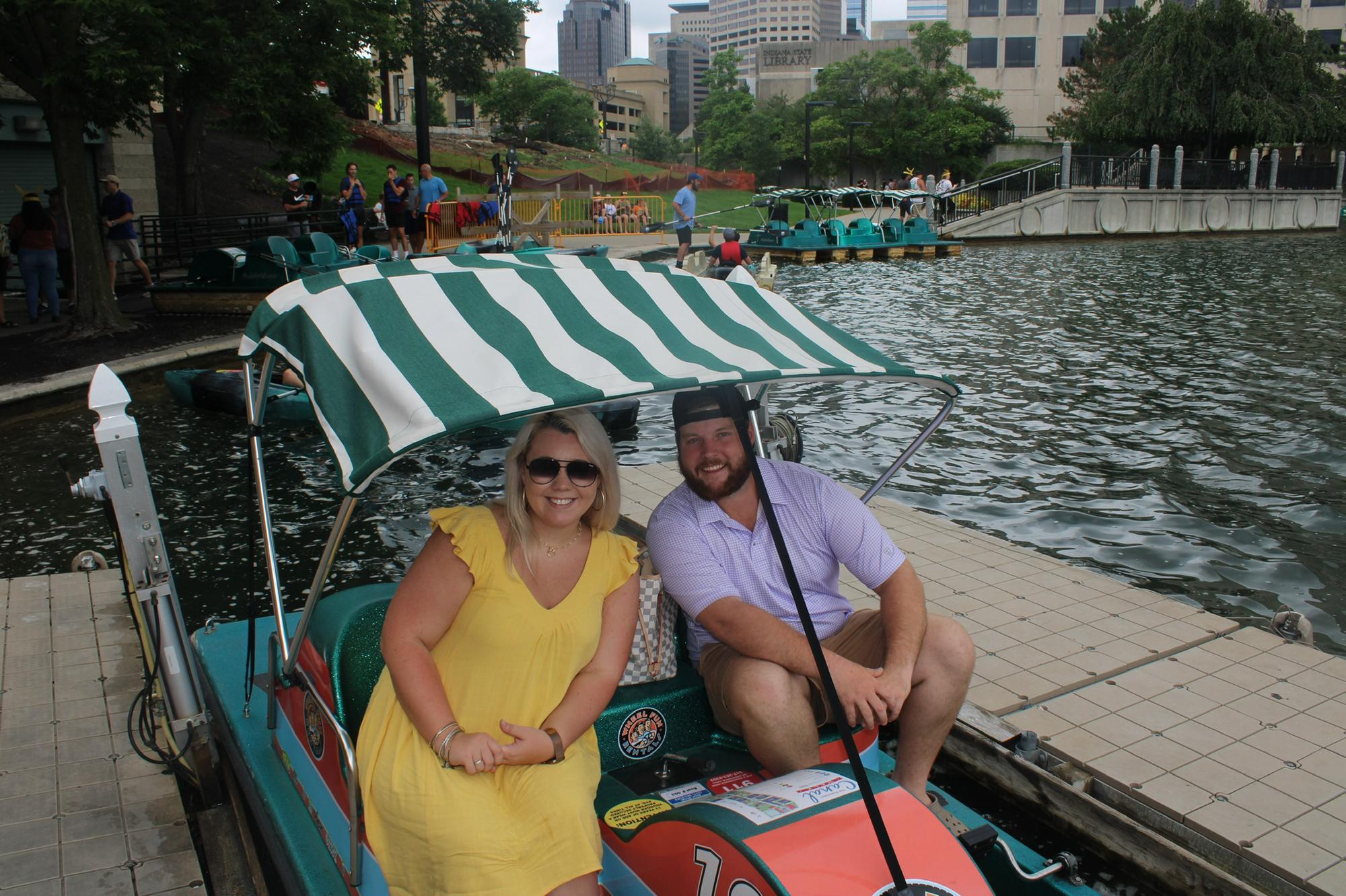 Our first time visiting Indianapolis, Indianan. Riding the pedal boat through downtown.