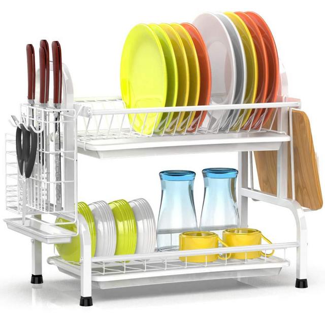 Dish Drying Rack, iSPECLE Premium 304 Stainless Steel 2-Tier Dish Rack with Utensil Holder, Cutting Board Holder and Dish Drainer for Kitchen Counter