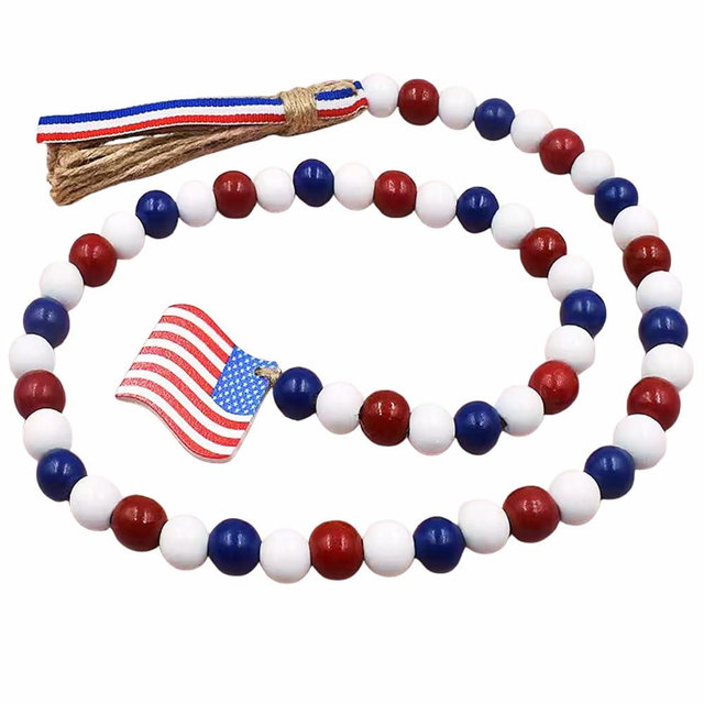 4th of July Wood Bead Garland Decorations with Tassels, 39.4 inch Independence Day Patriotic Hanging Prayer Beads with Red White Blue Decor, Fourth of July Memorial Day Shelf Mantel Tiered Tray Deco