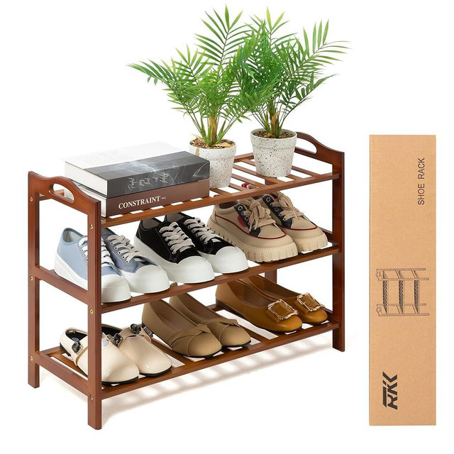Shoe Rack for Front Foor Entrance, Bamboo Shoe Rack for Closet Shoe Organizer Closet Organizers and Storage Shelves (Brown, 3 Tier)