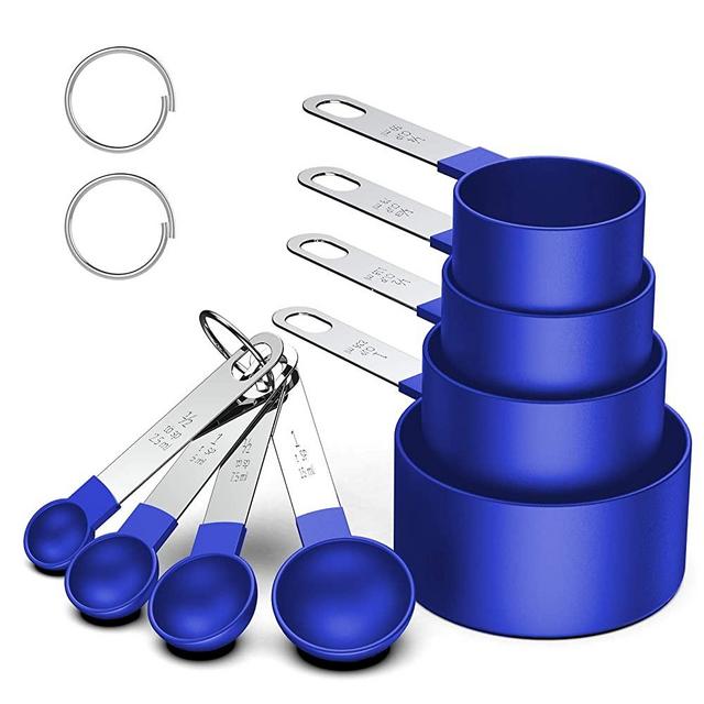 Measuring Cups and Spoons Set, 8 Piece Stackable Stainless Steel Handle Accurate Tablespoon for Measuring Dry and Liquid Ingredients Small Teaspoon with Plastic Head (8, Vivid Blue)