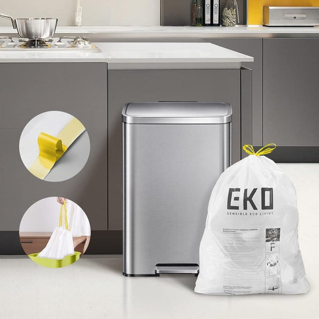 EKO Easy-Dispense Roll of 60 Count Extra-Strong Drawstring Kitchen Trash Bags - 13 Gallon Garbage Bags (40L-60L) 60 pack, Code F