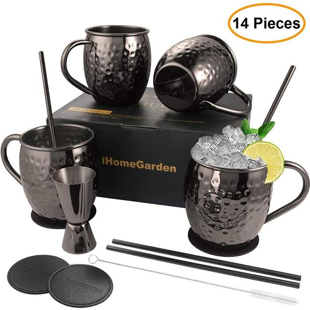 Moscow Mule Mugs Set of 4 - Food Safe 100% Handcrafted Mule Mugs Pure Solid Hammered Black Stainless Steel Mug - 16OZ Mule Mugs set of 4 w/Black Straws Coasters Shot Glass Straw Brush Moscow Mule Kit