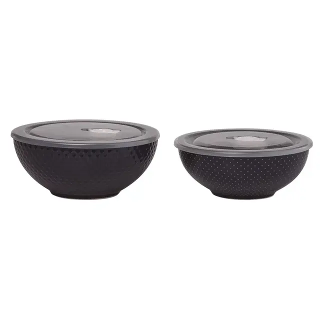 VIP Stoneware 6.7 in. Black Bowls with Lid Set of 2