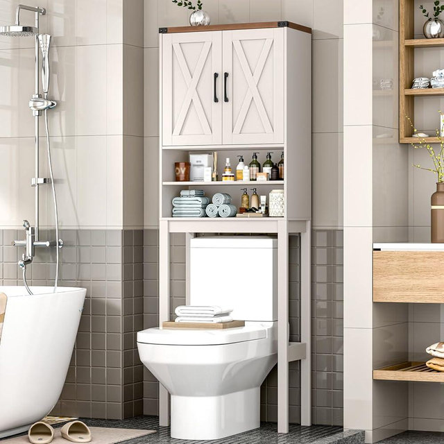 Vabches Over The Toilet Storage Cabinet, Bathroom Organizer with 2 Barn Doors, Farmhouse Space-Saving Toilet Rack with Adjustable Shelf,for Bathroom, Toilet, Laundry Room