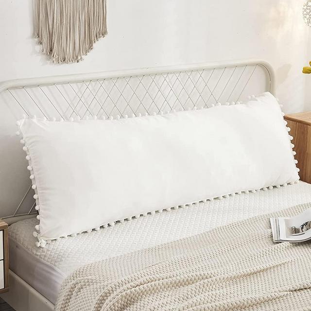 White Body Pillow Cover 20x54inches Boho Chic Pom Poms Fringe Decor Body Pillow Case Cover with Pocket Closure(Body,White)