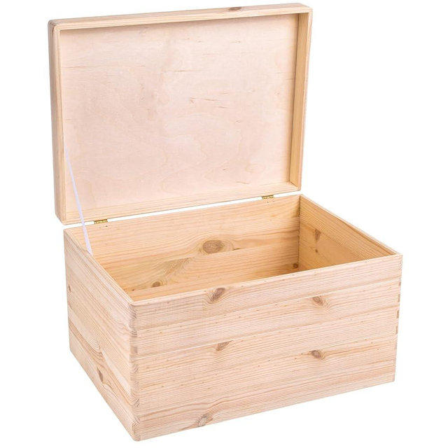 Creative Deco XXL Large Plain Wooden Box Storage Hinged Lid | 15.8x11.8x9.44 inches (+-0.5) | Unpainted Gift Box Tool Dog Toy Clothes Kitchen Storage Document | Rough & UNSANDED Wood Keepsake Chest