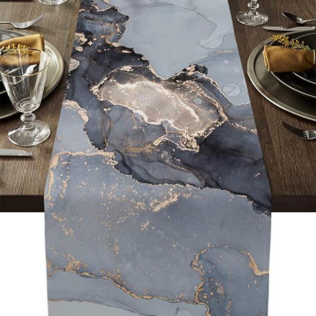 Table Runner 48Inch Long Scarf Watercolor Grey Ink Marble Gold Line Dresser Scarves Cotton Linen Burlap Table Runners for Kitchen Dining Seasonal Holiday Party Decor Abstract Stone Texture