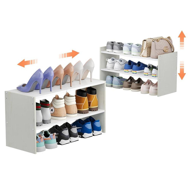 X-cosrack 2 Pack 2-Tier Shoe Rack Organizer for Closet, Expandable and Adjustable White Shoe Rack, Stackable Iron Wood Combination Shoe Storage Shelves for Closets, Entryway, Small Space, Garage