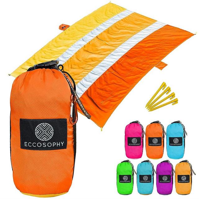 ECCOSOPHY Sandproof Beach Blanket - Oversized Sand Free Beach Mat 9'x10' - Lightweight Outdoor Picnic Blanket Anchored with 4 Corner Sand Pockets & Plastic Stakes - Heat Proof, Quick Drying & Compact