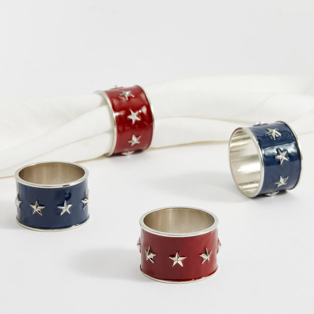 Americana Star Enamel Napkin Rings, Mixed Set of 4 - Red/Blue