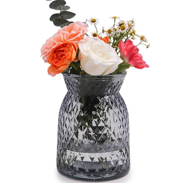 OFFIDIX Glass Vase, 6.5 * 4.5in Large Mouth Shape Geometric Faceted Design Flower Vase for Weddings,Events,Decorating,Office,Home Decor