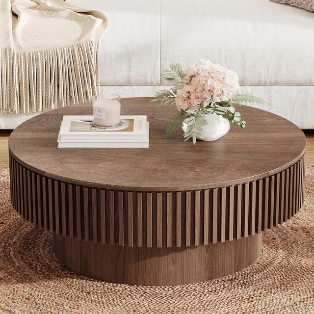 31.5" Small Round Coffee Table with Storage, Pottery Barn Coffee Table with Mushroom Shape Fluted Design, Modern Wood Center Tables for Living Room, Easy Assembly (Walnut)