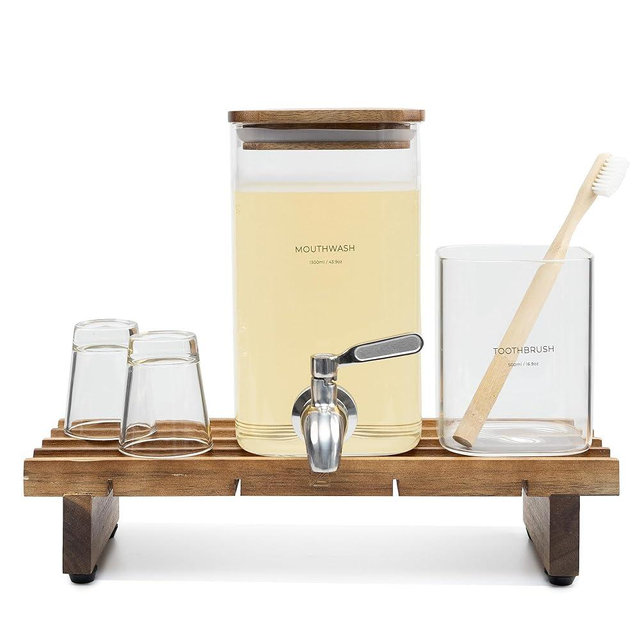 Glass Mouthwash Dispenser for Bathroom Decor with Bathroom Cups, Glass Electric Toothbrush Holder and Wooden Tray – Minimalist Bathroom Accessories for Home Decor - ZUTT