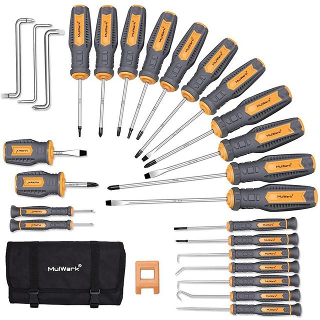 MulWark 26pc Multi-Purpose Magnetic Screwdriver Set, Precision Mini& Stubby& Angled Offset Screwdriver, Pick & Hook Tool Kit w/. Tool Roll Organizer Bag, incl. Torx Phillips Flathead Square Head
