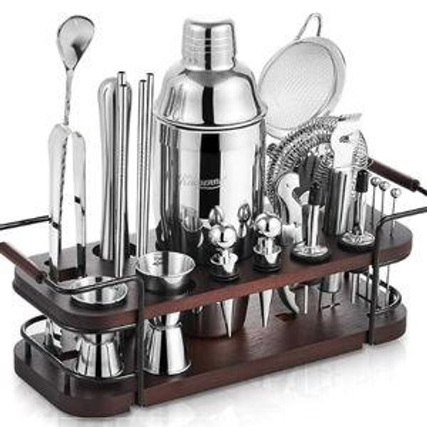 KITESSENSU Cocktail Shaker Set Bartender Kit with Stand | Complete 24-Piece Bar Set Cocktail Kit with All Bar Accessories: Martini Shaker, Jigger, Muddler | Drink Mixer Set for Home Bar Cocktails
