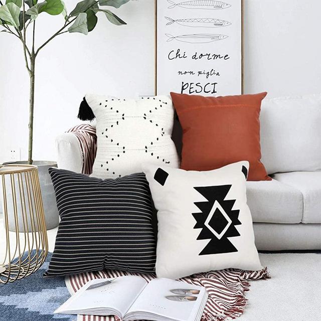 OurWarm Boho Throw Pillow Covers, Set of 4, Modern Decorative Pillows Covers for Couch Bed and Car, Boho Farmhouse Home Decor, 100% Cotton Faux Leather Pillows Case 18 x 18 inch
