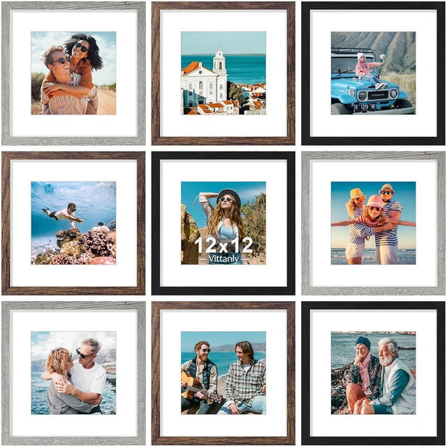 Vittanly 12x12 Picture Frames Set of 9, Display 8x8 Pictures with Mat or 12x12 without Mat, Photo Frames for Wall Mount, Engineered Wood, Black&Brown&Grey