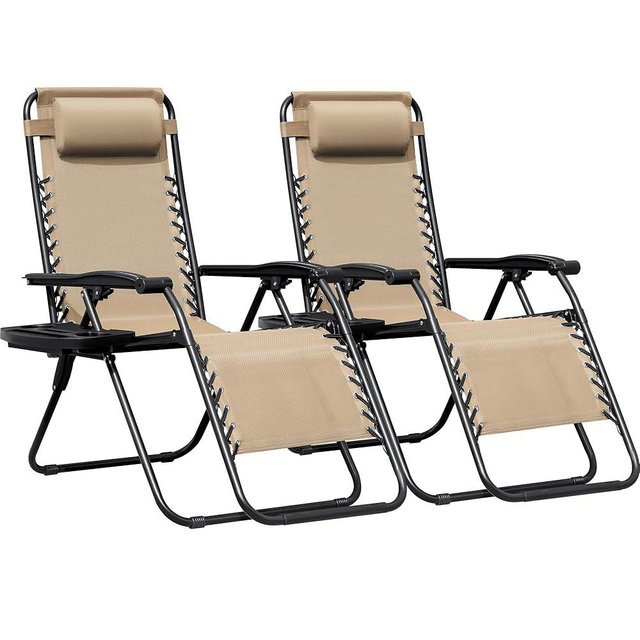 Greesum Zero Gravity Chairs Set of 2 Adjustable Steel Mesh Recliners Beach Deck Lawn Camping Patio Foldable Lounge Chair with Cup Holder Trays and Pillows,Cream-Coloured