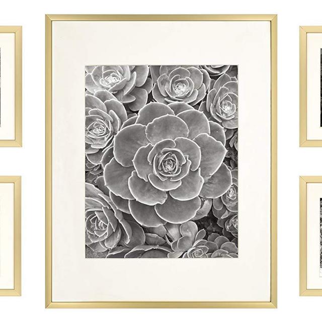 Golden State Art, Gold Metal Wall Photo Frame Collection, Set of 7, Aluminum Photo Frame with Ivory Color Mat & Real Glass