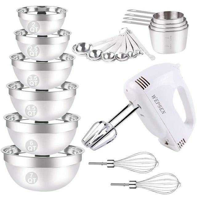 Electric Hand Mixer with Bowls Set, 5-Speeds Handhold Mixers with Egg Whisks Beaters, 6 Stainless Steel Mixing Bowls, Metal Measuring Cups and Spoons Kitchen Mixer Blender for Baking Supplies Prepping